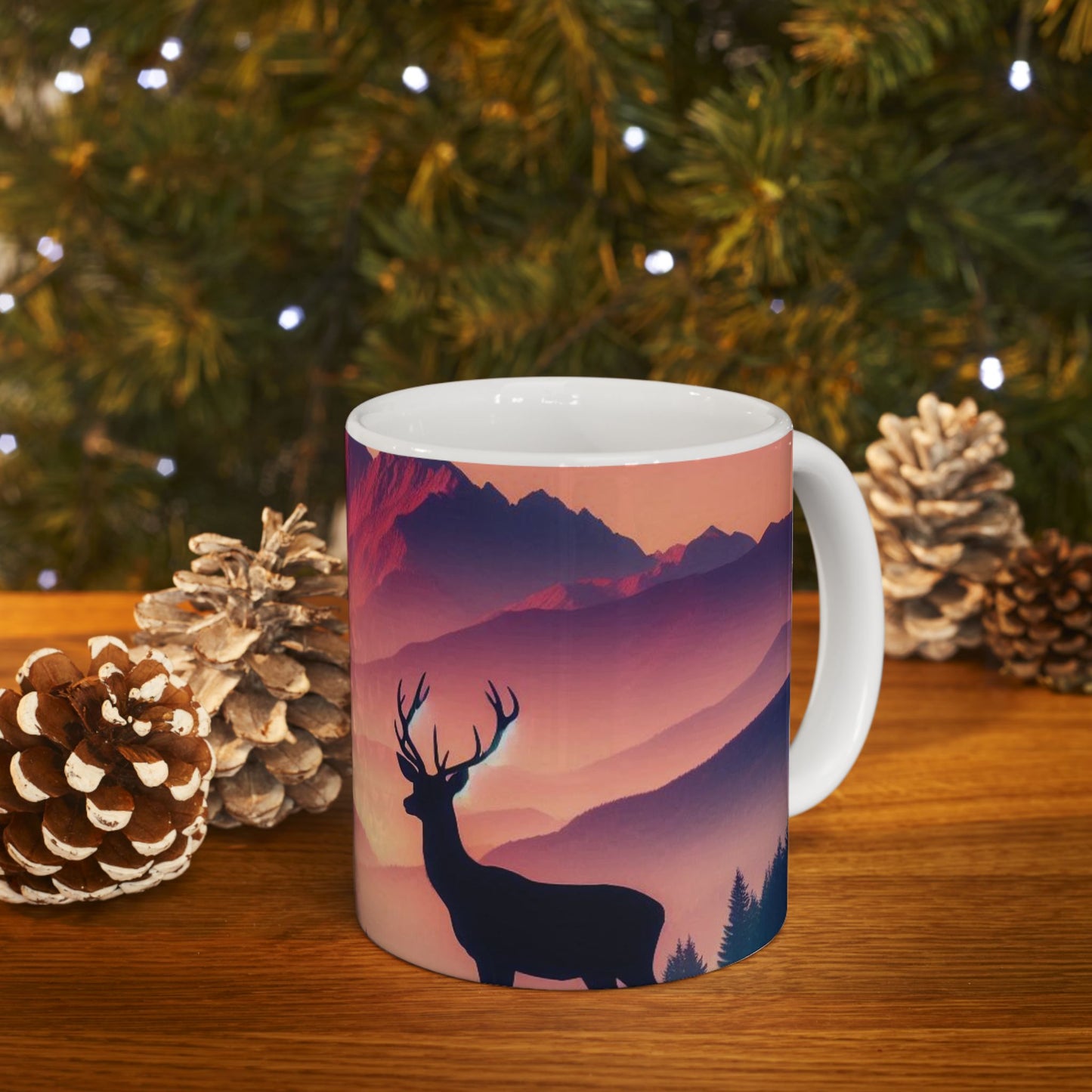 Deer and Mountain Scenic Ceramic Mug - 11oz Coffee Cup Tea Cup