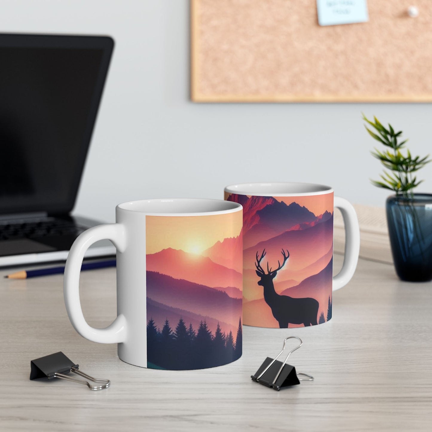 Deer and Mountain Scenic Ceramic Mug - 11oz Coffee Cup Tea Cup