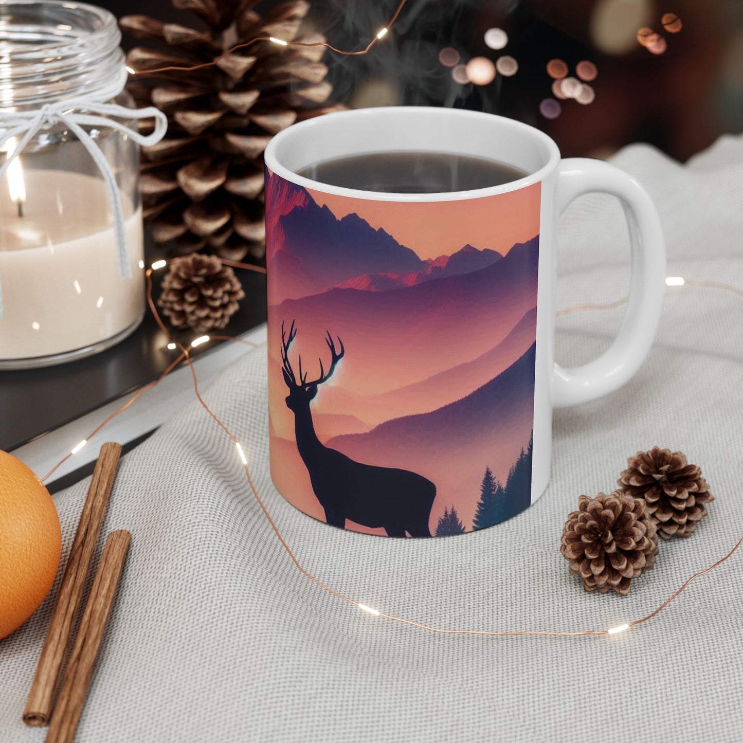 Deer and Mountain Scenic Ceramic Mug - 11oz Coffee Cup Tea Cup