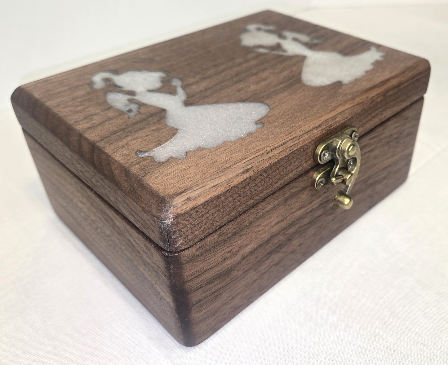 Handmade Walnut Wooden Keepsake Box with Silver Praying Angels Epoxy Inlay