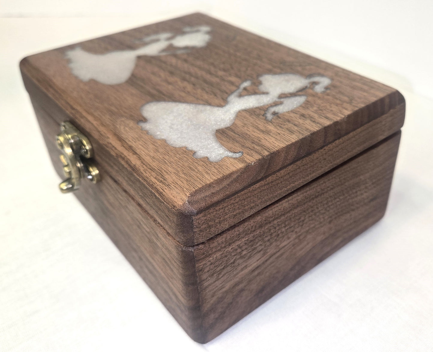 Handmade Walnut Wooden Keepsake Box with Silver Praying Angels Epoxy Inlay