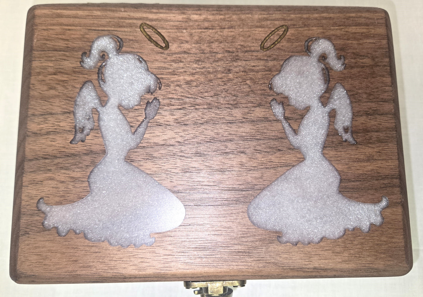 Handmade Walnut Wooden Keepsake Box with Silver Praying Angels Epoxy Inlay