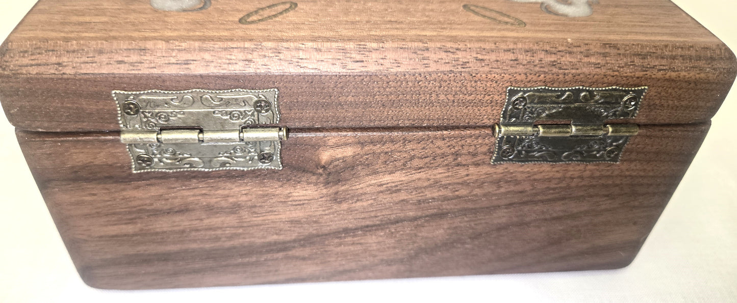 Handmade Walnut Wooden Keepsake Box with Silver Praying Angels Epoxy Inlay