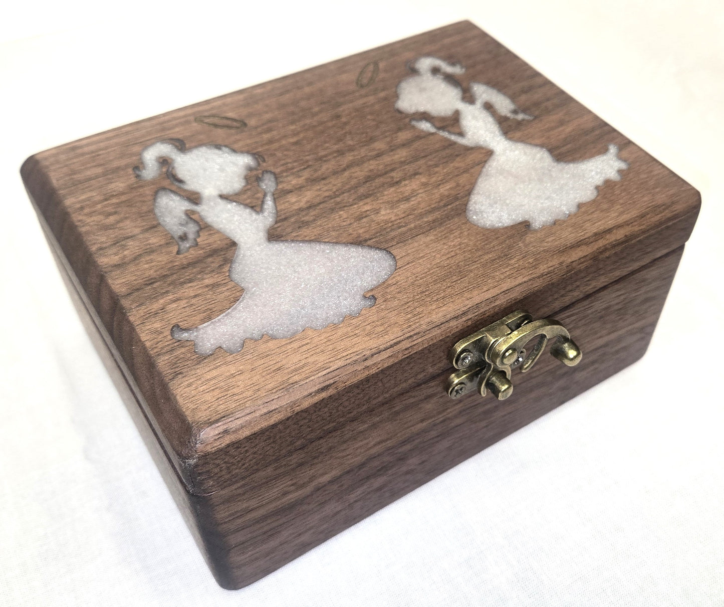 Handmade Walnut Wooden Keepsake Box with Silver Praying Angels Epoxy Inlay