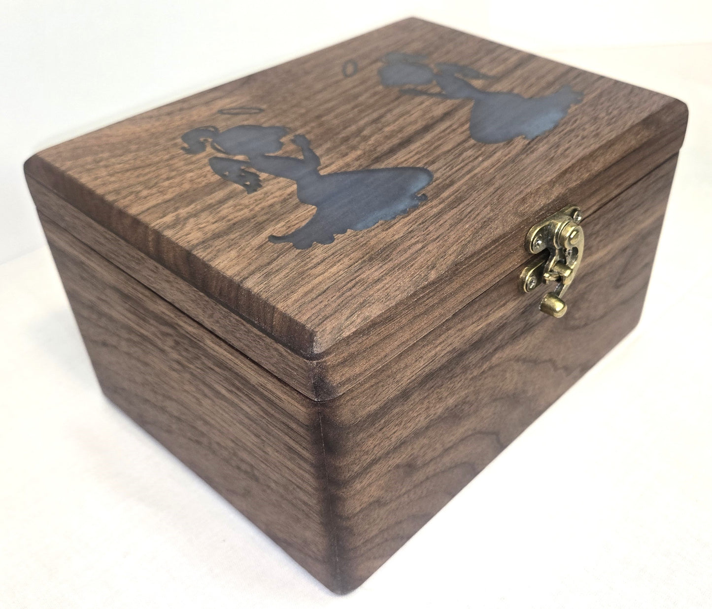 Handmade Walnut Wooden Keepsake Box with Blue Praying Angels Epoxy Inlay Velvet Interior.