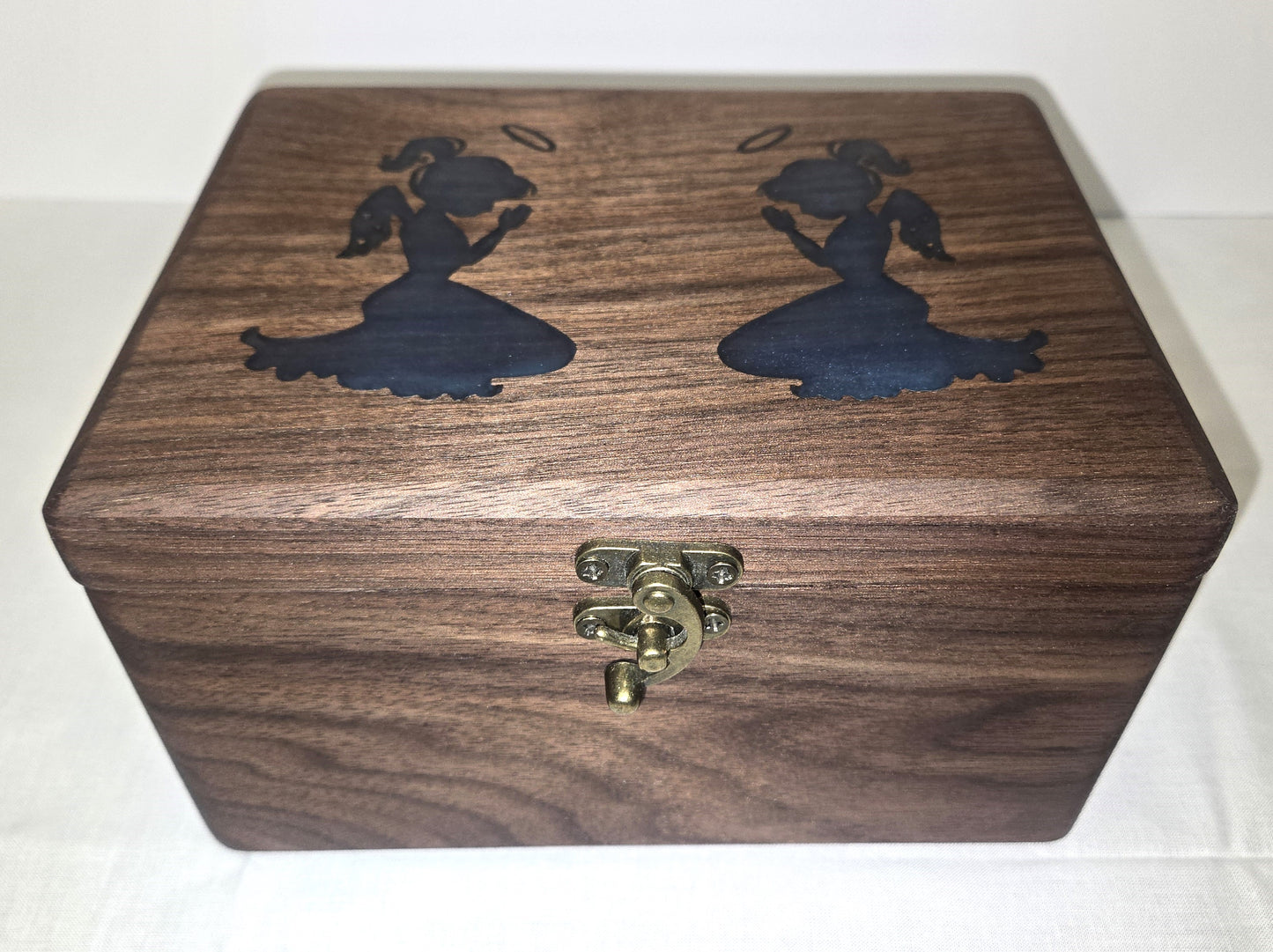 Handmade Walnut Wooden Keepsake Box with Blue Praying Angels Epoxy Inlay Velvet Interior.