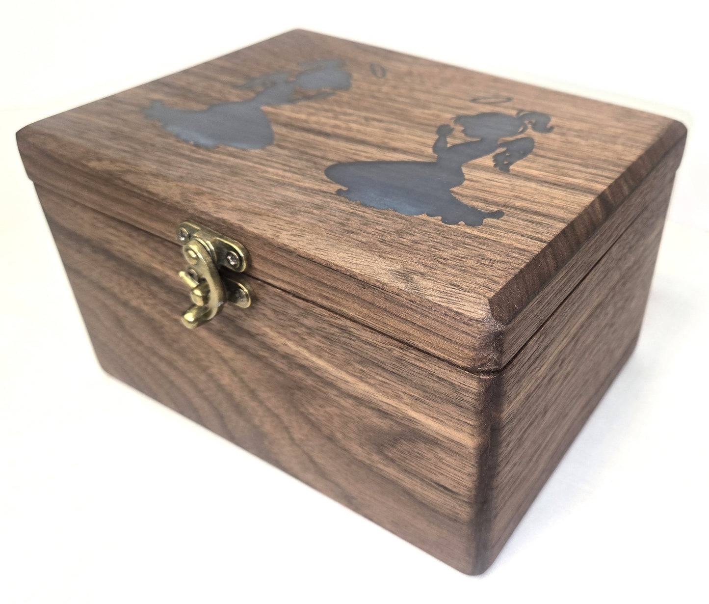 Handmade Walnut Wooden Keepsake Box with Blue Praying Angels Epoxy Inlay Velvet Interior.