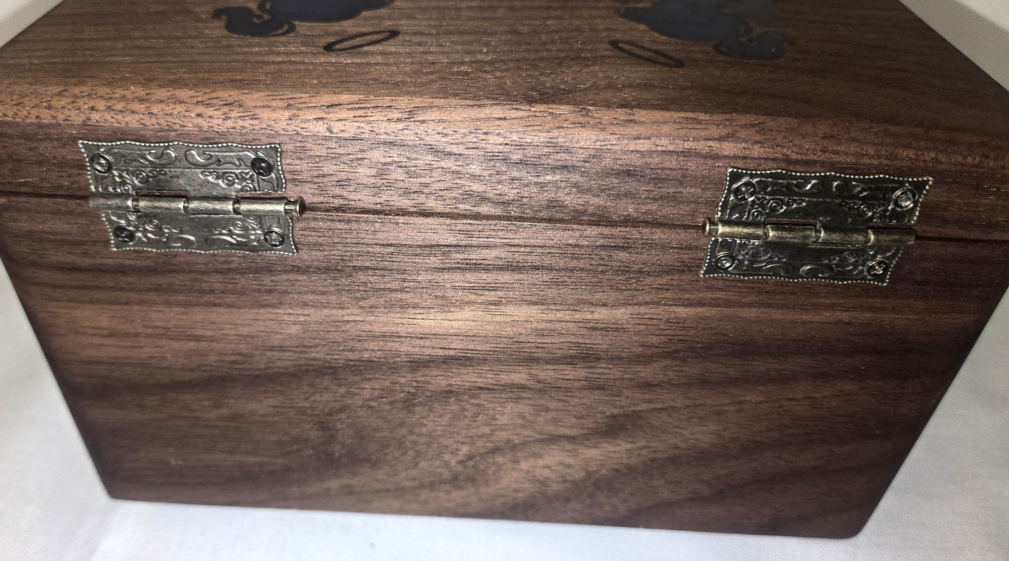 Handmade Walnut Wooden Keepsake Box with Blue Praying Angels Epoxy Inlay Velvet Interior.