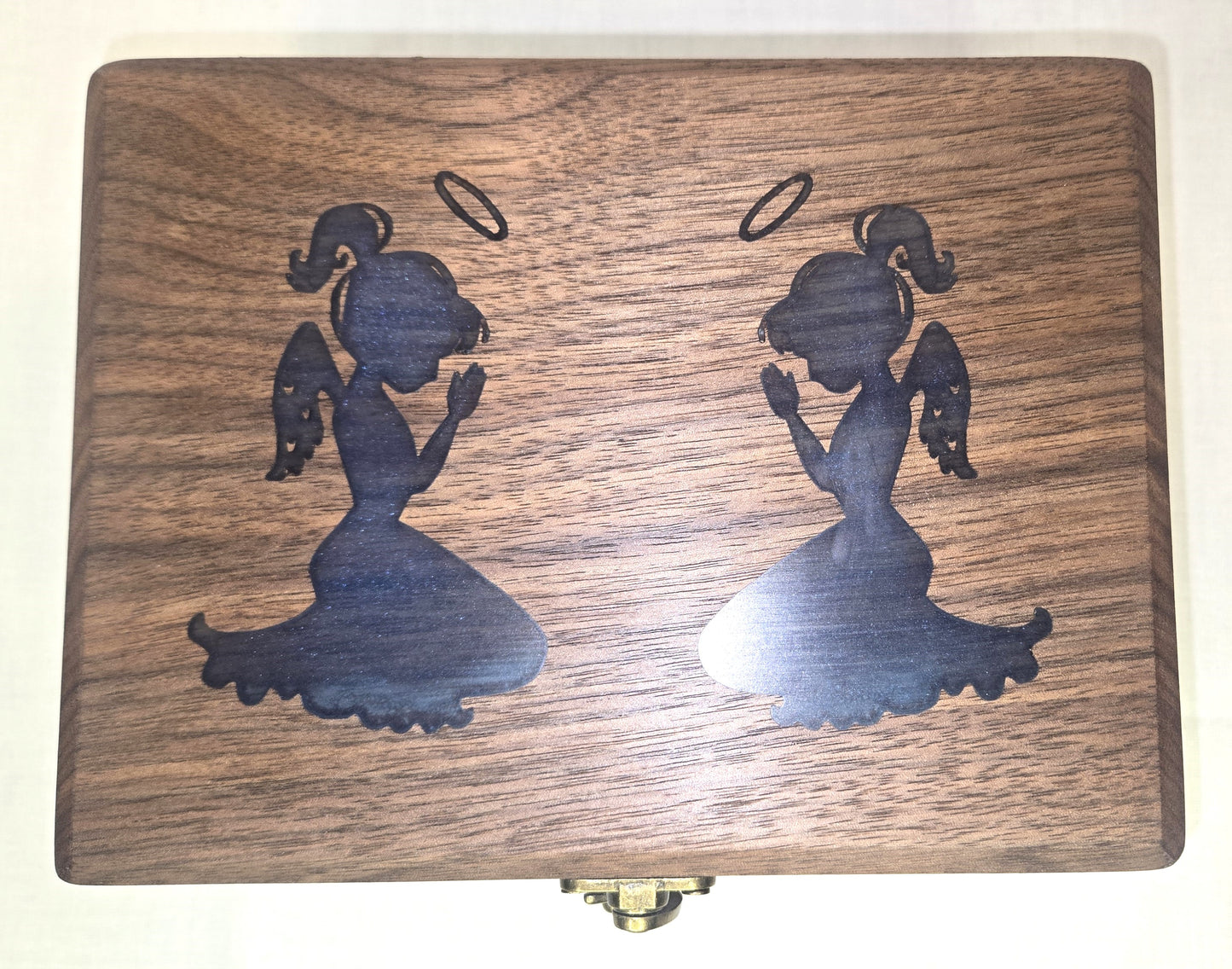 Handmade Walnut Wooden Keepsake Box with Blue Praying Angels Epoxy Inlay Velvet Interior.
