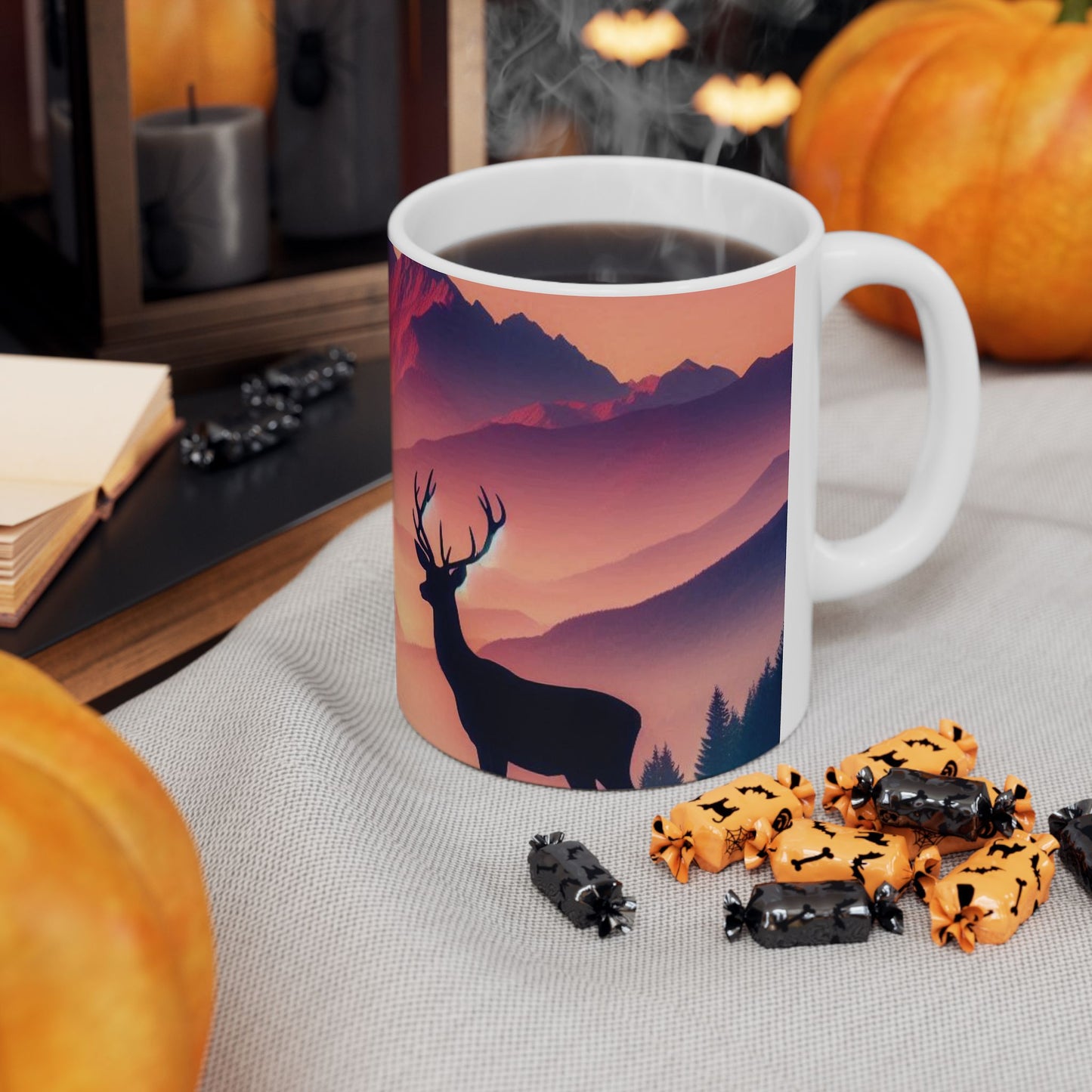 Deer and Mountain Scenic Ceramic Mug - 11oz Coffee Cup Tea Cup