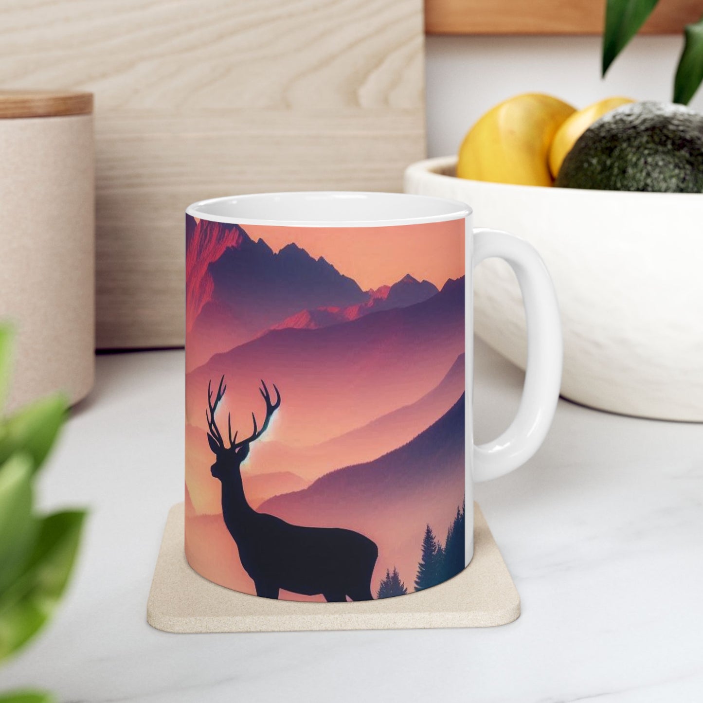 Deer and Mountain Scenic Ceramic Mug - 11oz Coffee Cup Tea Cup