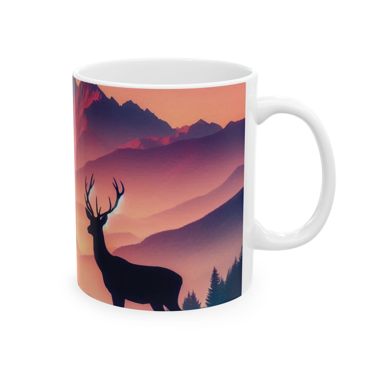 Deer and Mountain Scenic Ceramic Mug - 11oz Coffee Cup Tea Cup
