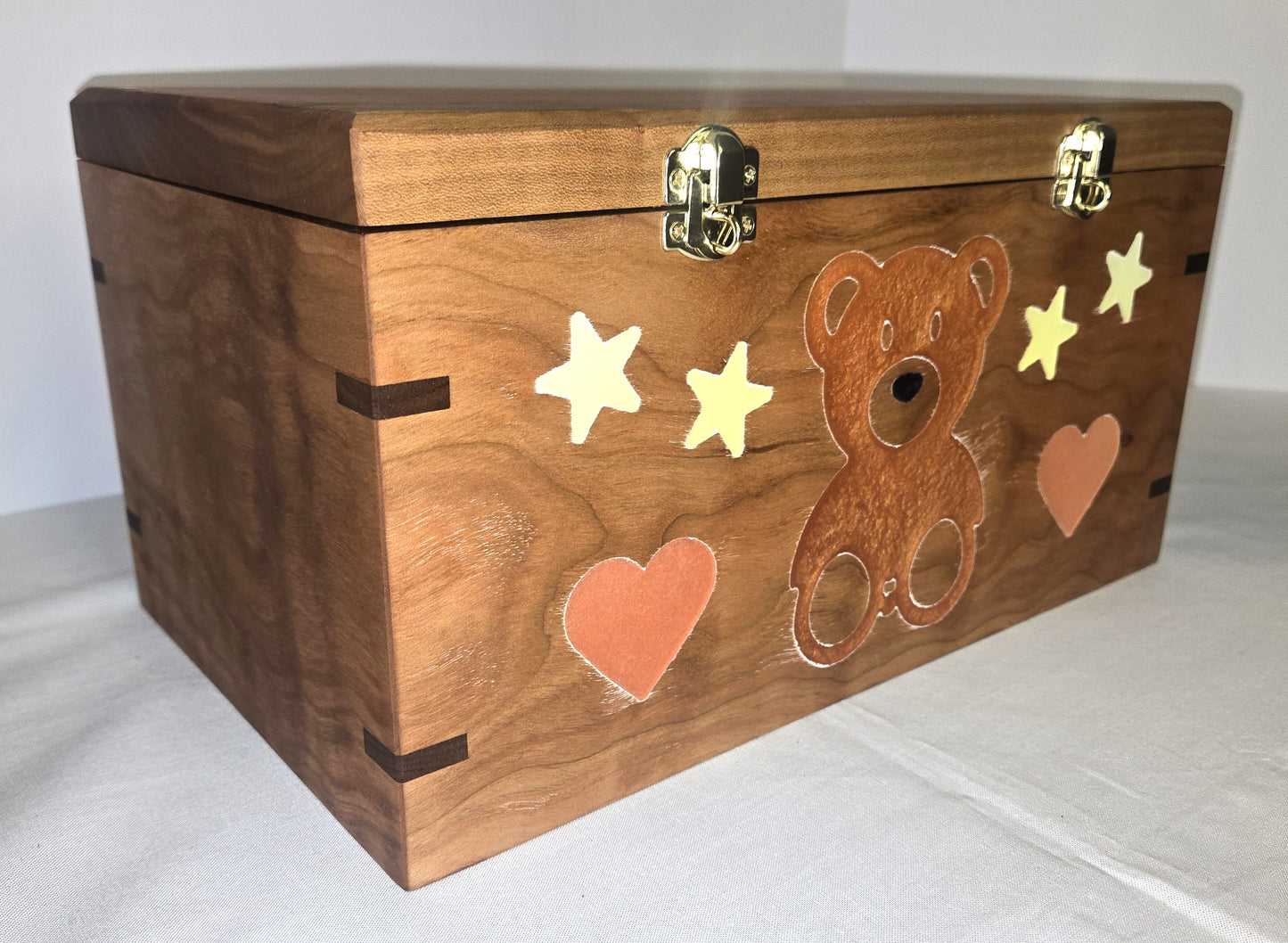 Solid Cherry Keepsake Box with Teddy Bear, Heart and Stars Epoxy Inlay Handmade Memory Box