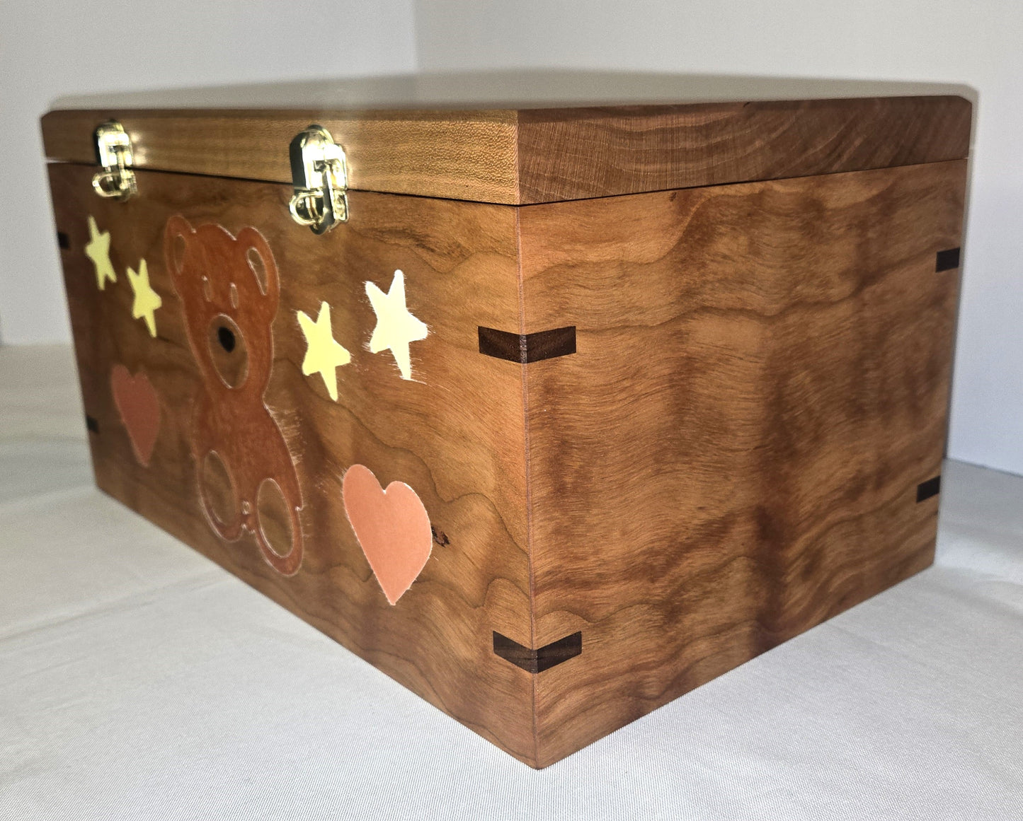 Solid Cherry Keepsake Box with Teddy Bear, Heart and Stars Epoxy Inlay Handmade Memory Box