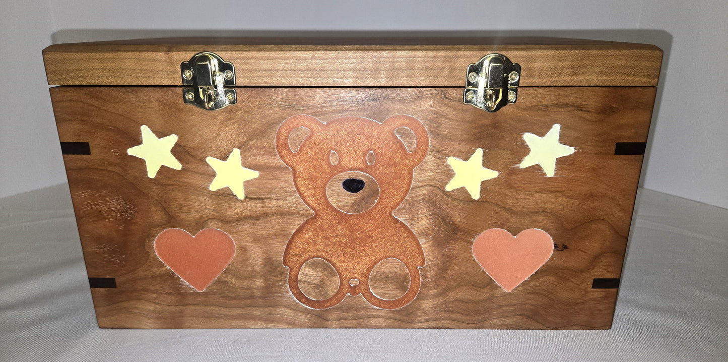 Solid Cherry Keepsake Box with Teddy Bear, Heart and Stars Epoxy Inlay Handmade Memory Box