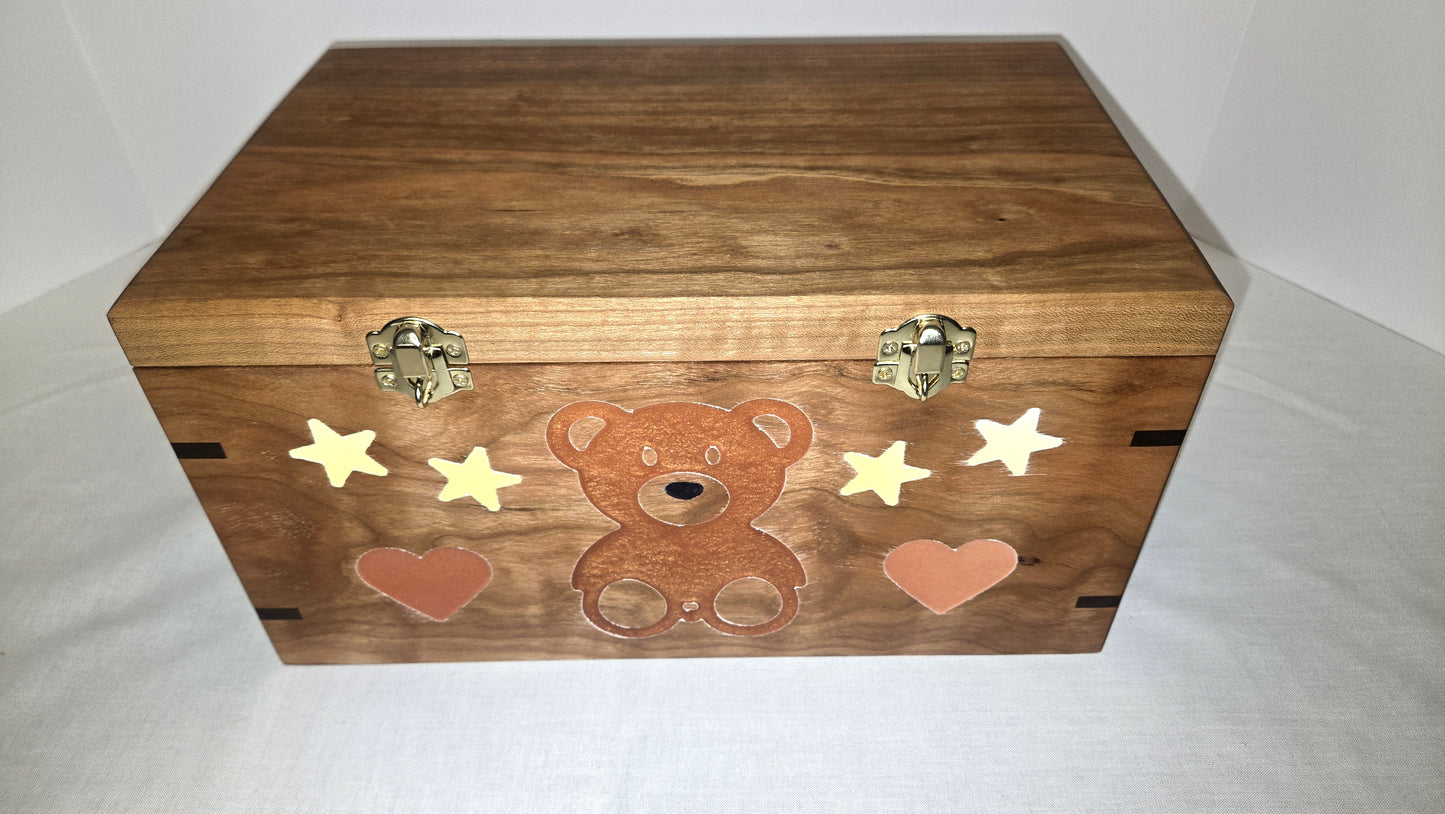 Solid Cherry Keepsake Box with Teddy Bear, Heart and Stars Epoxy Inlay Handmade Memory Box