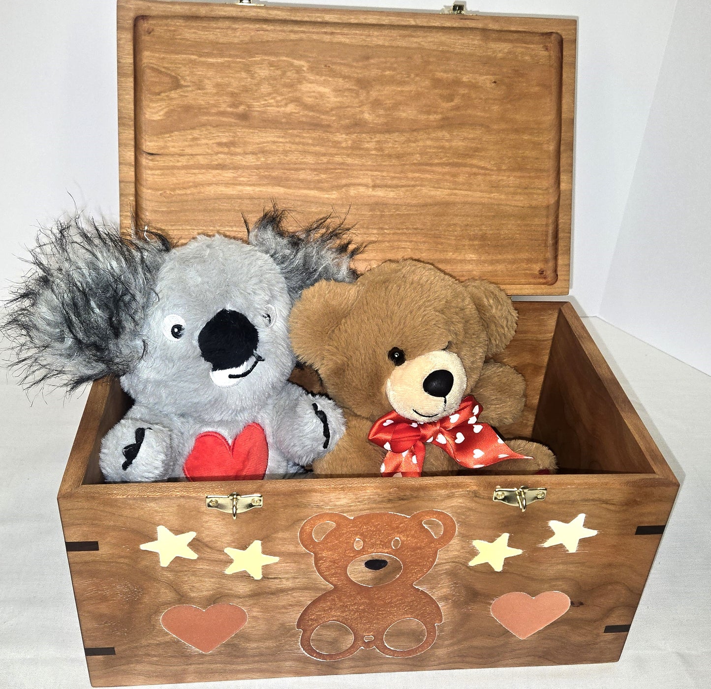 Solid Cherry Keepsake Box with Teddy Bear, Heart and Stars Epoxy Inlay Handmade Memory Box