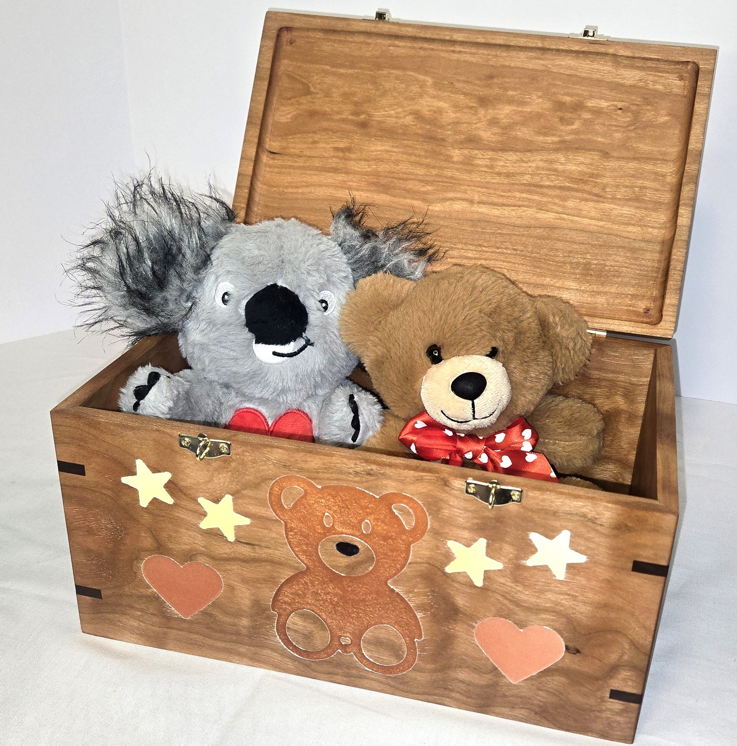 Solid Cherry Keepsake Box with Teddy Bear, Heart and Stars Epoxy Inlay Handmade Memory Box