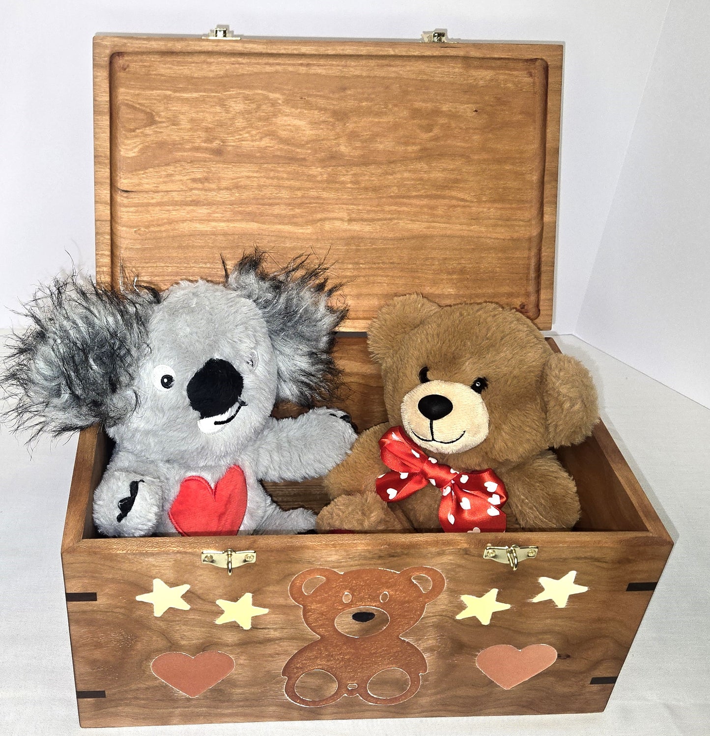 Solid Cherry Keepsake Box with Teddy Bear, Heart and Stars Epoxy Inlay Handmade Memory Box