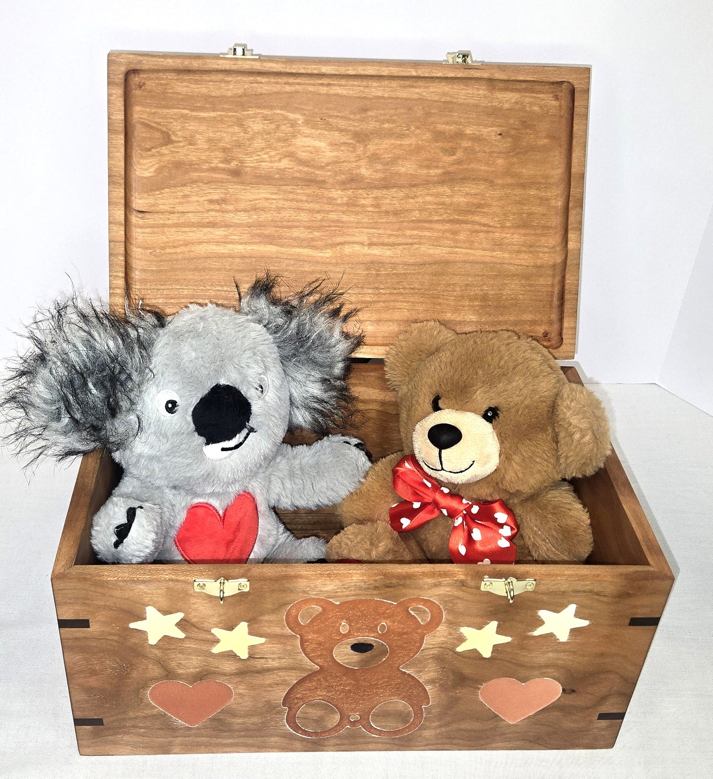 Solid Cherry Keepsake Box with Teddy Bear, Heart and Stars Epoxy Inlay Handmade Memory Box