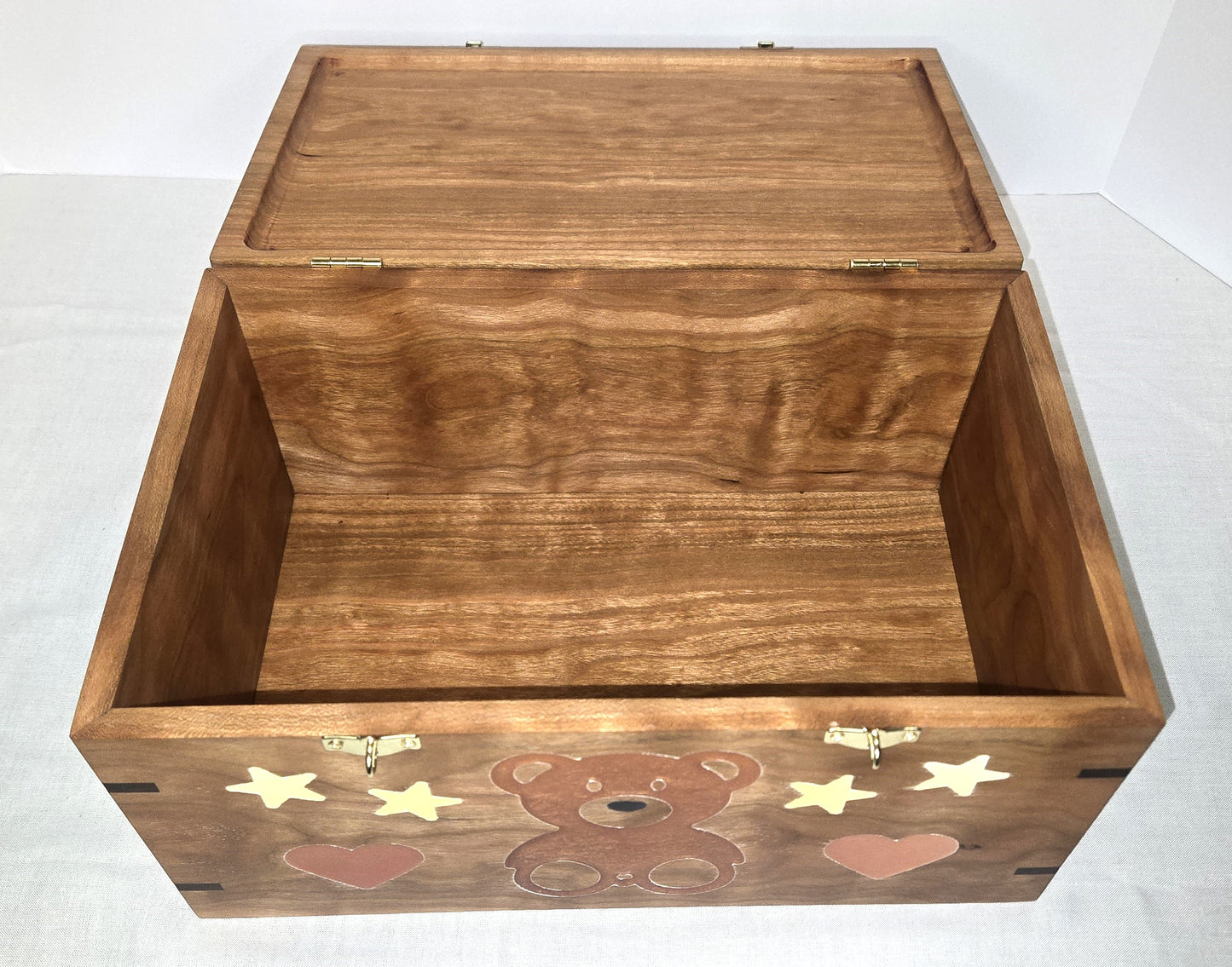 Solid Cherry Keepsake Box with Teddy Bear, Heart and Stars Epoxy Inlay Handmade Memory Box