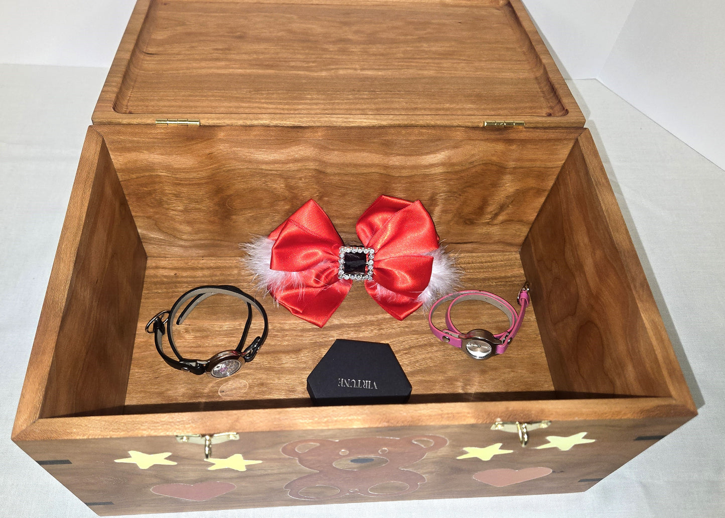 Solid Cherry Keepsake Box with Teddy Bear, Heart and Stars Epoxy Inlay Handmade Memory Box