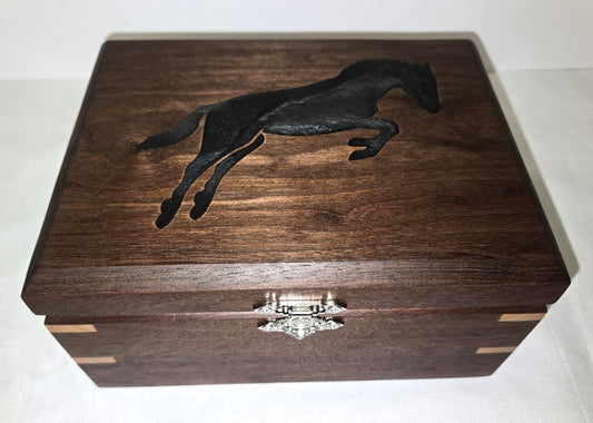 Keepsake Box Handmade Walnut Wooden Keepsake Box with Black Horse Epoxy Inlay