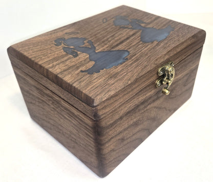 Handmade Walnut Wooden Keepsake Box with Blue Praying Angels Epoxy Inlay Velvet Interior.