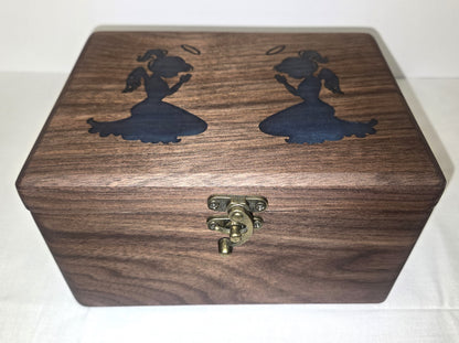 Handmade Walnut Wooden Keepsake Box with Blue Praying Angels Epoxy Inlay Velvet Interior.