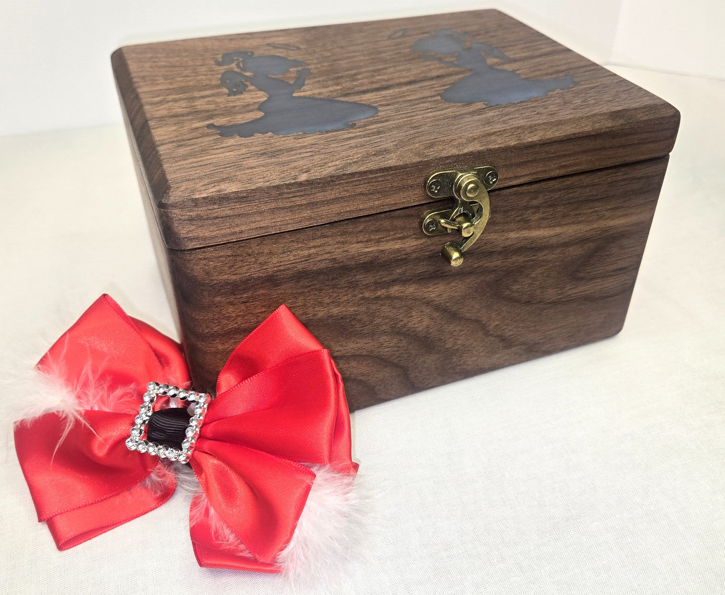 Handmade Walnut Wooden Keepsake Box with Blue Praying Angels Epoxy Inlay Velvet Interior.