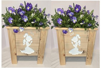 Pair of Mirrored Image Cedar Planters. Choose Angels, Squirrels, or Birds