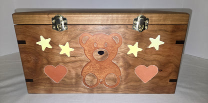 Solid Cherry Keepsake Box with Teddy Bear, Heart and Stars Epoxy Inlay Handmade Memory Box