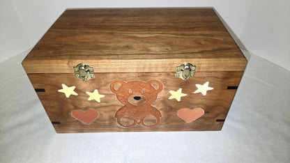 Solid Cherry Keepsake Box with Teddy Bear, Heart and Stars Epoxy Inlay Handmade Memory Box